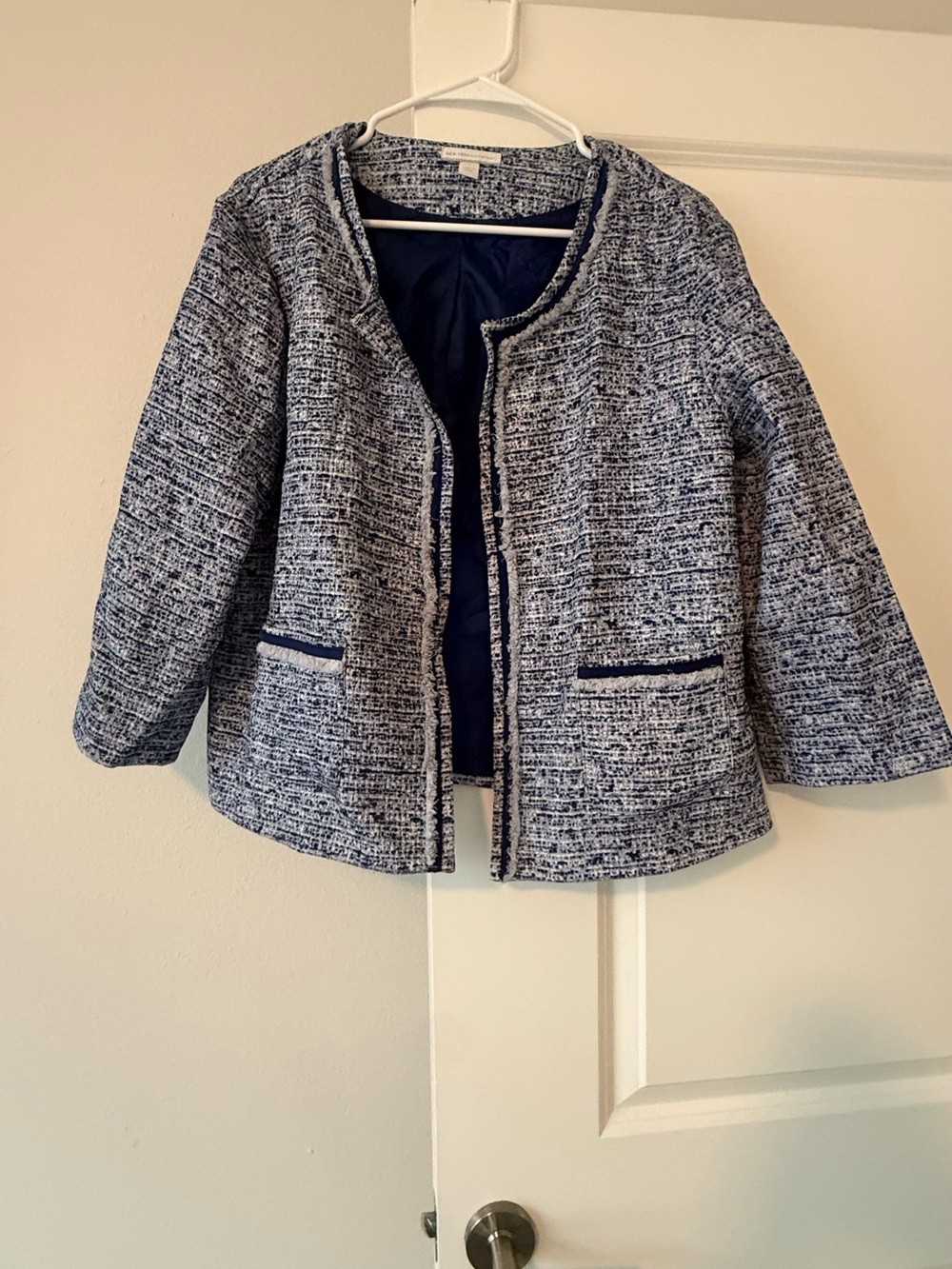 New York & Company Navy and White Tweed Open-Front Blazer